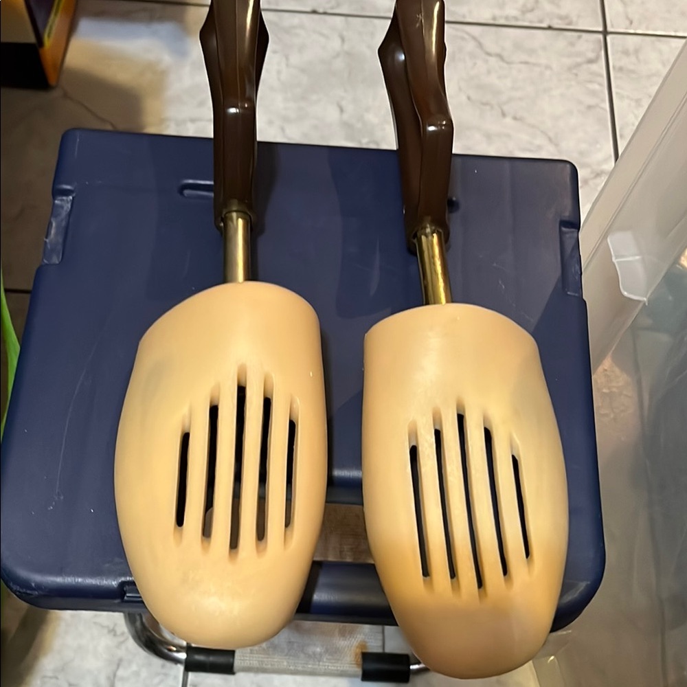 Tan and Brown Shoe Trees with Ventilation and Handles